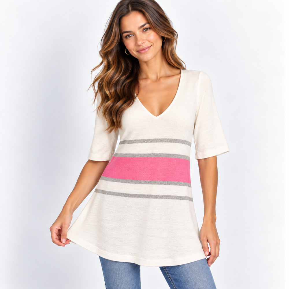 Anthropologie Deletta Tunic Top M White Pink Silver Stripe V Neck Stretch